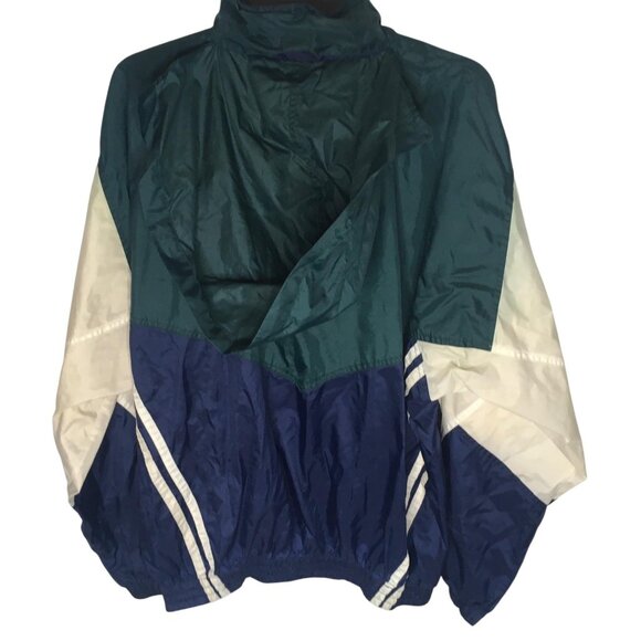 Bike Athletic Jacket Mens Large Green Navy Colorblock Windbreaker Stowaway Hood - Picture 14 of 15